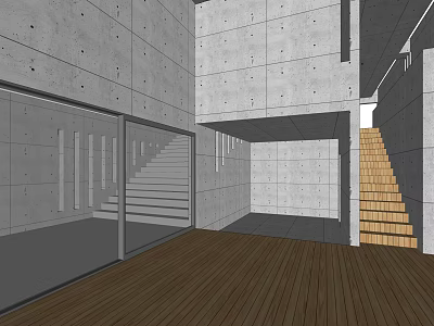 Modern Architectural Interior Featuring Gray Concrete Walls Wooden Flooring Glass Partition And Staircase 3d model