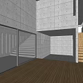 Modern Architectural Interior Featuring Gray Concrete Walls Wooden Flooring Glass Partition And Staircase
