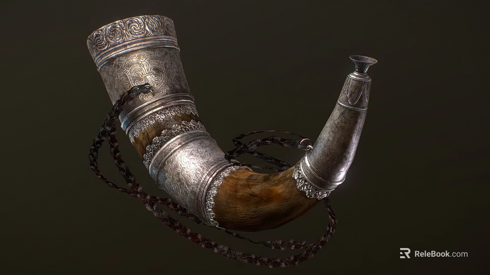 Handcrafted Cow Horn Musical Instrument With Silver Decoration And Leather Chain 3d model 