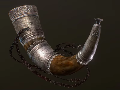 Handcrafted Cow Horn Musical Instrument With Silver Decoration And Leather Chain 3d model