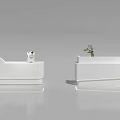 Modern White Store Reception Desk With Sleek Counter Logo And Small Potted Plant