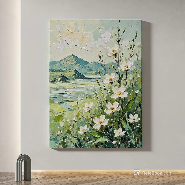 Oil Painting of Natural Scenery with White Flowers Green Grass and Mountain View 3d model 