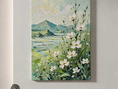 Oil Painting of Natural Scenery with White Flowers Green Grass and Mountain View 3d model