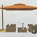 Outdoor Wicker Sofa Set With Large Orange Parasol And Side Table 3d model