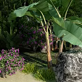 Beautiful Garden Landscape with Trees Pavilion Rocks Purple Flowers and Green Shrubs