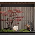 Serene Indoor Landscape With Red Maple Tree Bamboo Screen Round Stone And Moss Decorative Elements 3d model