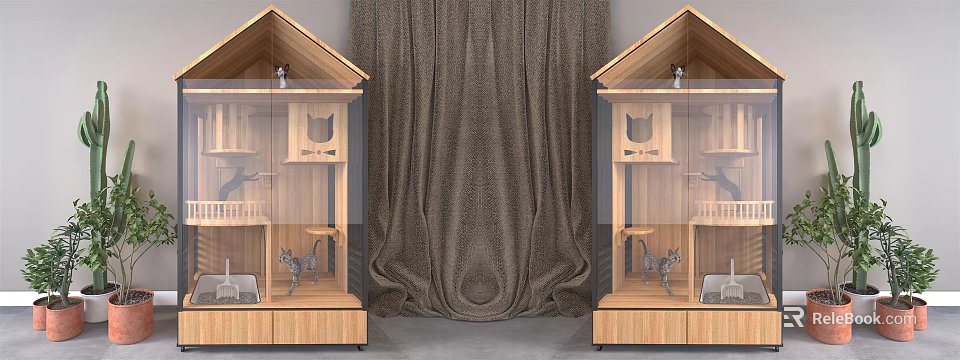 Wooden Display Cabinets With Glass Doors And Small Decorations On Dark Curtain Background 3d model 