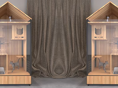 Wooden Display Cabinets With Glass Doors And Small Decorations On Dark Curtain Background 3d model