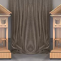 Wooden Display Cabinets With Glass Doors And Small Decorations On Dark Curtain Background