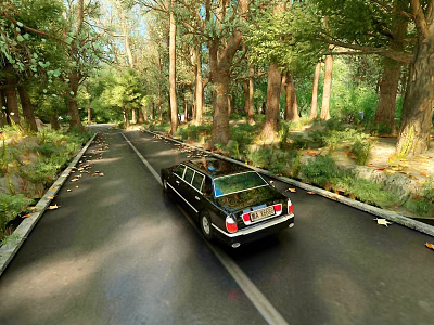 Scenic Road Infrastructure With Lush Trees Lane Dividers And Driving Black Car 3d model