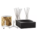 Modern Decorative Ornament Set With Ceramic Geometric Vase Black Metal Sticks And Concrete Square Base