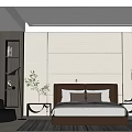 Modern Bedroom Interior With Comfortable Bed Glass Wardrobe Nightstand Decorative Plant And Soft Lighting