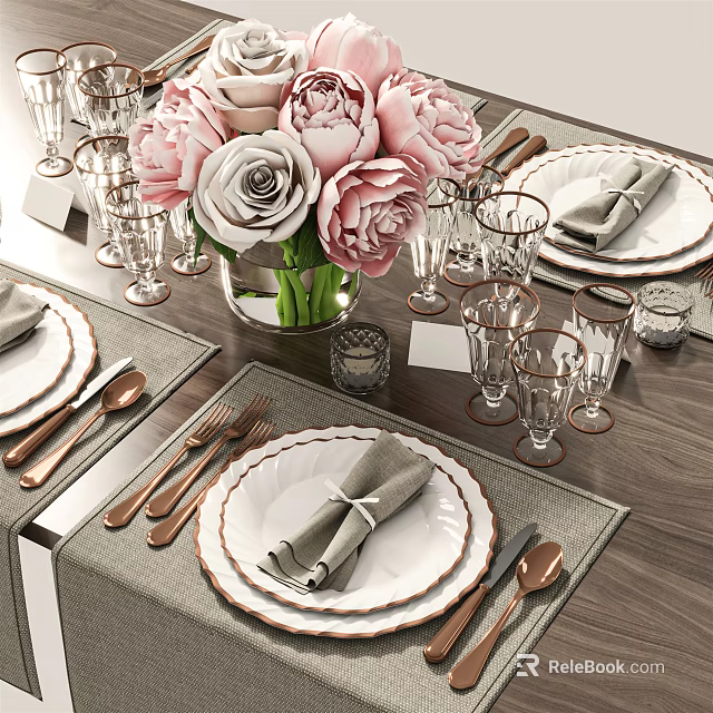 Elegant Dinnerware Set With White Plates Gold Rim Silverware Crystal Glassware And Pink Rose Centerpiece 3d model 