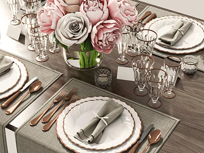 Elegant Dinnerware Set With White Plates Gold Rim Silverware Crystal Glassware And Pink Rose Centerpiece 3d model