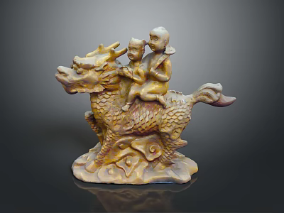Traditional Chinese Qilin Sculpture With Two Children Riding On Cloud Patterned Base 3d model
