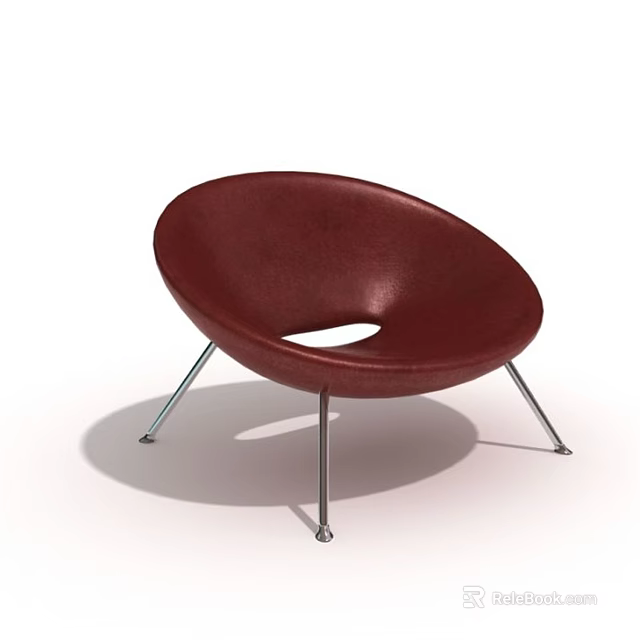 Dark Red Leather Single Armchair With Round Design And Metal Legs 3d model 