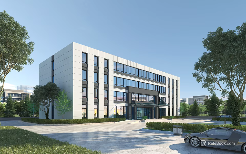 Modern Office Building Exterior Featuring Glass Curtain Wall White Facade Landscaping And Silver Car 3d model 