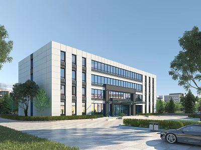 Modern Office Building Exterior Featuring Glass Curtain Wall White Facade Landscaping And Silver Car 3d model