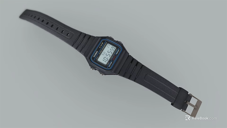 Digital Watch With Black Rubber Strap Square Dial And Clear Digital 3d model 