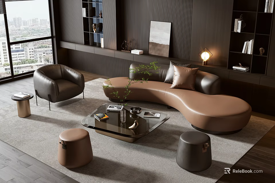 Modern Living Room With Brown Curved Leather Sofa And Black Coffee Table Set 3d model 
