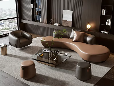 Modern Living Room With Brown Curved Leather Sofa And Black Coffee Table Set 3d model