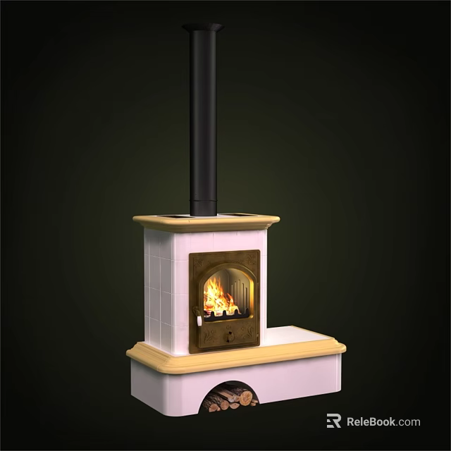 Traditional White Tile Fireplace With Black Chimney And Burning Fire Inside 3d model 