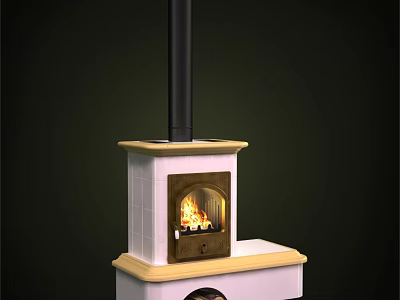 Traditional White Tile Fireplace With Black Chimney And Burning Fire Inside 3d model