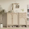 Modern Beige Shoe Cabinet With Rattan Doors Drawers Potted Plant Mirror Bench And Shoes