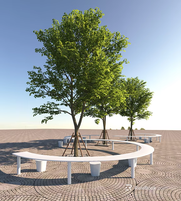 Lush Trees With Circular White Benches On Paved Ground Under Clear Blue Sky 3d model 