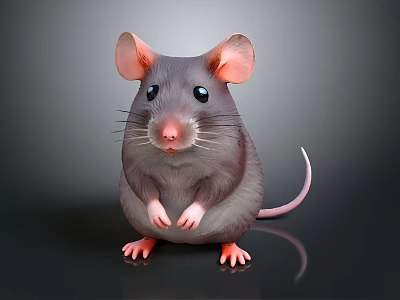 Gray Mouse Standing Upright with Large Pink Ears and Pink Paws on Black Background 3d model