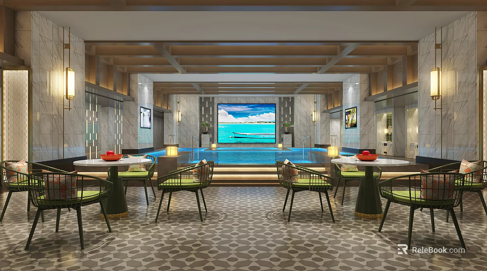 Indoor Swimming Pool Area With Modern Design Marble Walls And Lounge Seating 3d model 