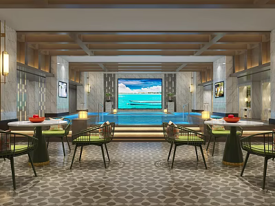 Indoor Swimming Pool Area With Modern Design Marble Walls And Lounge Seating 3d model