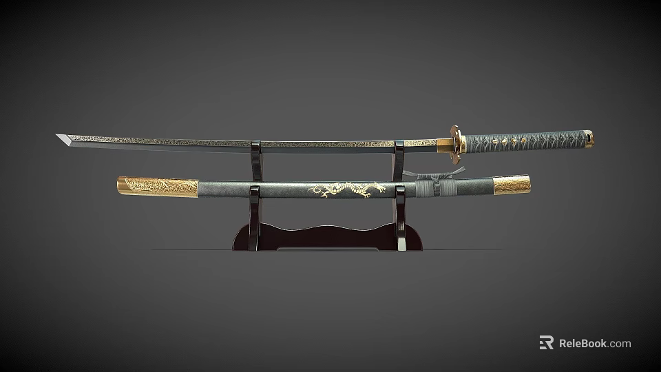 Japanese Katana Sword With Gold Decorated Hilt On Wooden Display Stand 3d model 
