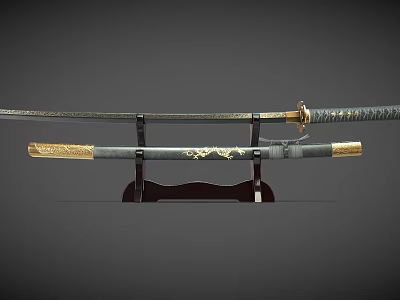 Japanese Katana Sword With Gold Decorated Hilt On Wooden Display Stand 3d model