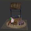 Ancient Wooden Well Structure With Brick Red Cushioned Chair Trunk Green Plants And Stone Pavement