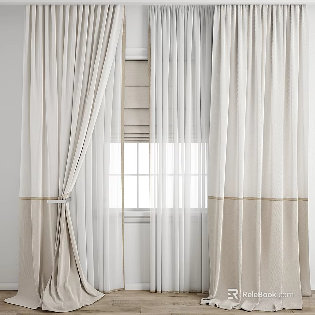 Light Filtering Beige White Modern Curtain With Sheer Layer Tieback Design For Window 3d model