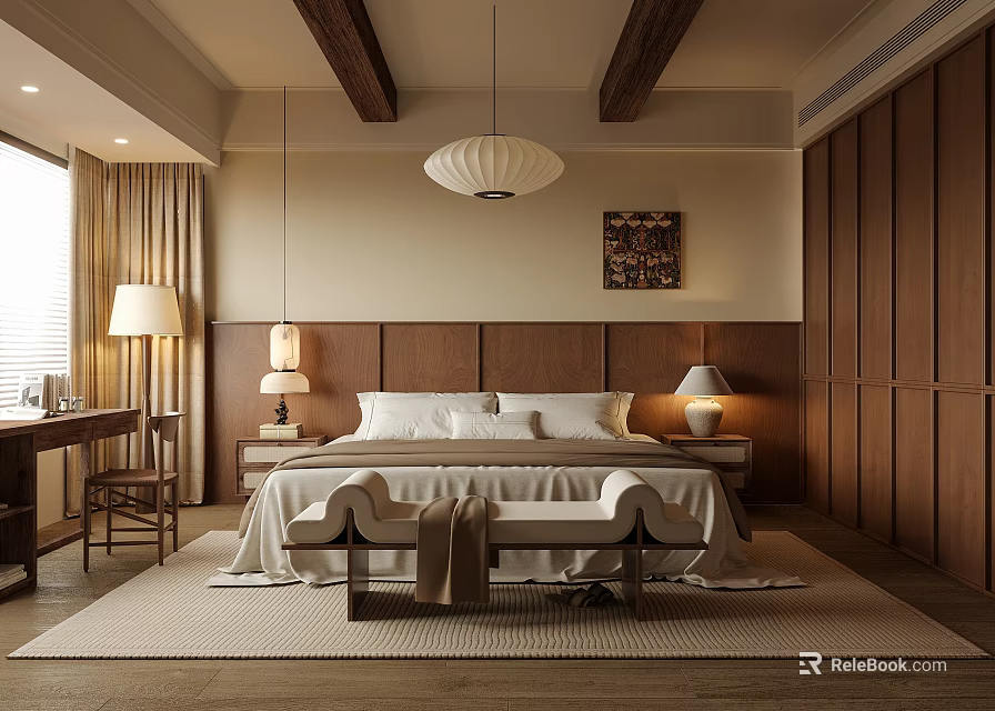 Modern Wooden Bedroom Interior With Pendant Light Bench Table Lamps And Wall Art 3d model 
