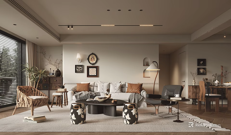 Modern Living Dining Room Interior With Sofa Coffee Table Wall Art Floor Lamp And Decorative Plants 3d model 