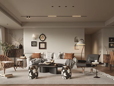 Modern Living Dining Room Interior With Sofa Coffee Table Wall Art Floor Lamp And Decorative Plants 3d model