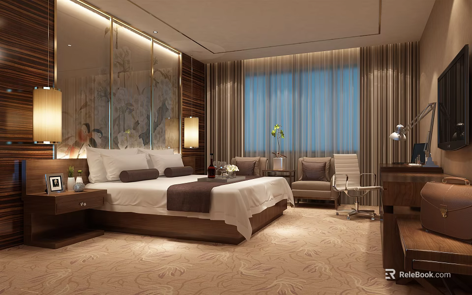 Modern Hotel Room Interior With Large Bed White Linens Dark Pillows Sofa And Curtains 3d model 