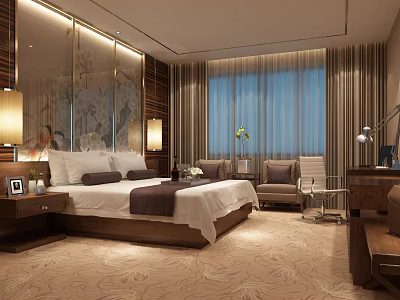 Modern Hotel Room Interior With Large Bed White Linens Dark Pillows Sofa And Curtains 3d model