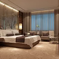 Modern Hotel Room Interior With Large Bed White Linens Dark Pillows Sofa And Curtains