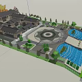Traditional Chinese Museum Building With Circular Square Water Pool Steps And Greenery