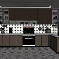Modern Kitchen With Dark Wood Cabinets Patterned Backsplash Geometric Floor And Appliances