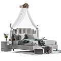 Gray Tufted Double Bed With White Canopy Pillows Green Blanket And Nightstands