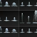 Square Landscape Showcasing Multiple Fountains with Various Dynamic Water Flow Patterns