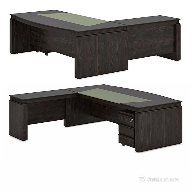 Dark Wooden L Shaped Corner Office Desk With Green Desktop And Drawers 3d model 