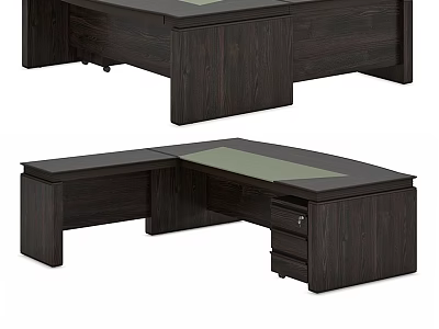Dark Wooden L Shaped Corner Office Desk With Green Desktop And Drawers 3d model
