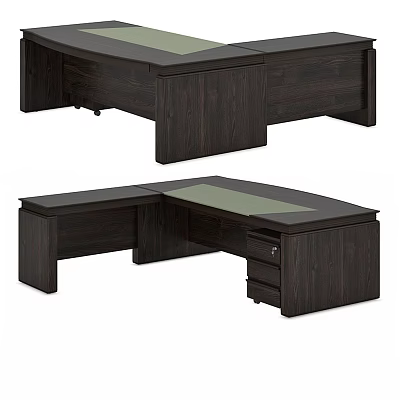 Dark Wooden L Shaped Corner Office Desk With Green Desktop And Drawers 3d model