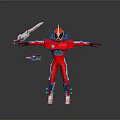 Red Robot Character In Armor Helmet With Blue Eyes Holding Sword And Small Aircraft